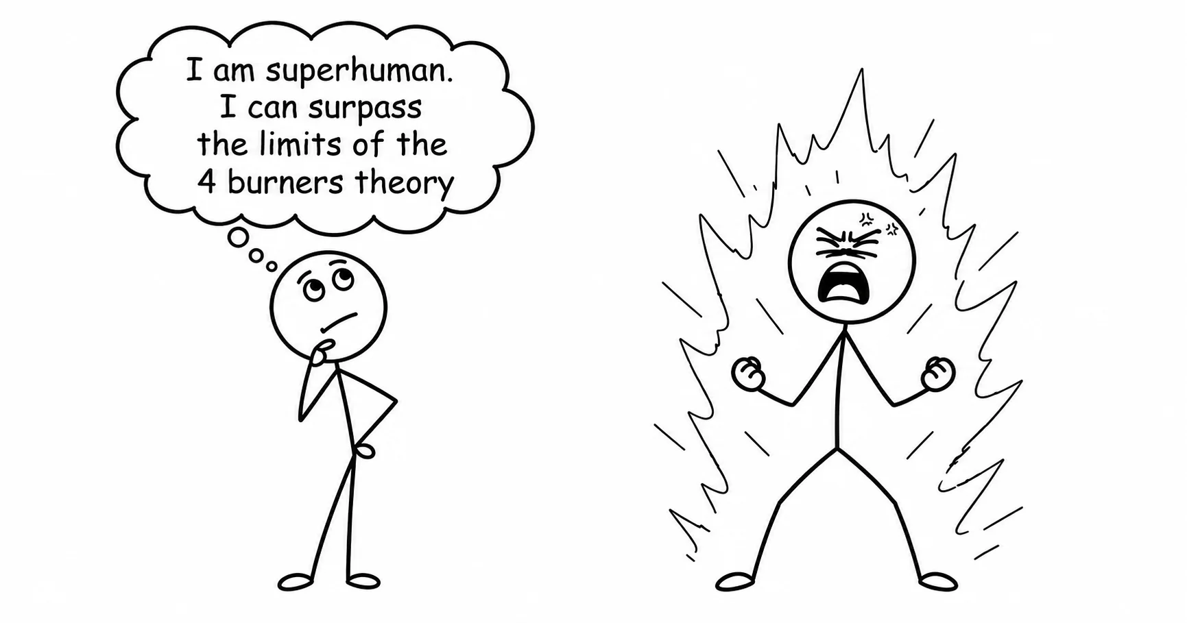 A stick figure thinking it is superhuman and can surpass the four burners theory, beside another stick figure burning out