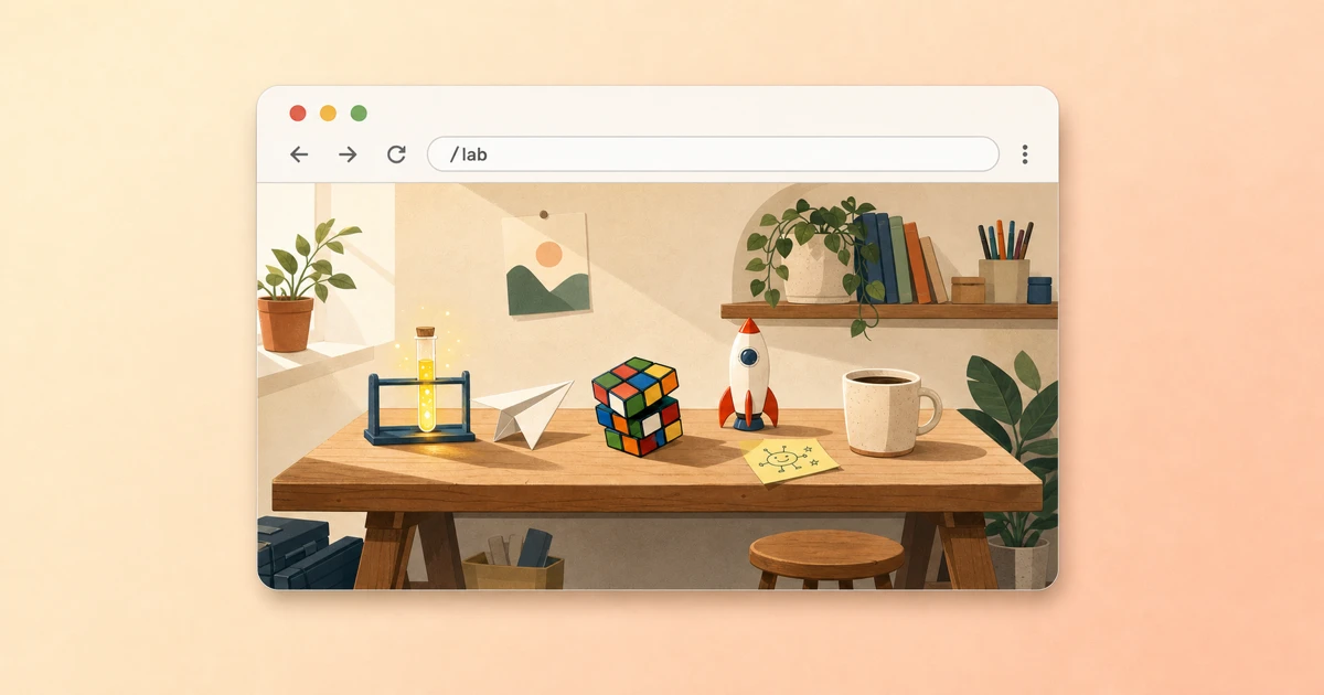 Illustration of a browser window showing the Lab — a playful workbench of tools, experiments, and games.