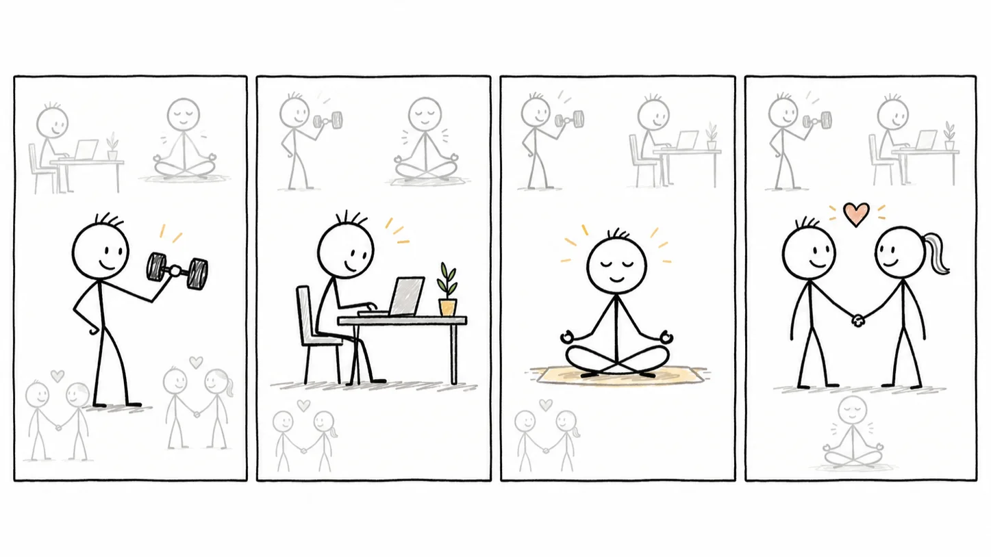Four panels showing different seasons of life, one burner on max energy in each: health, work, self, and inner family